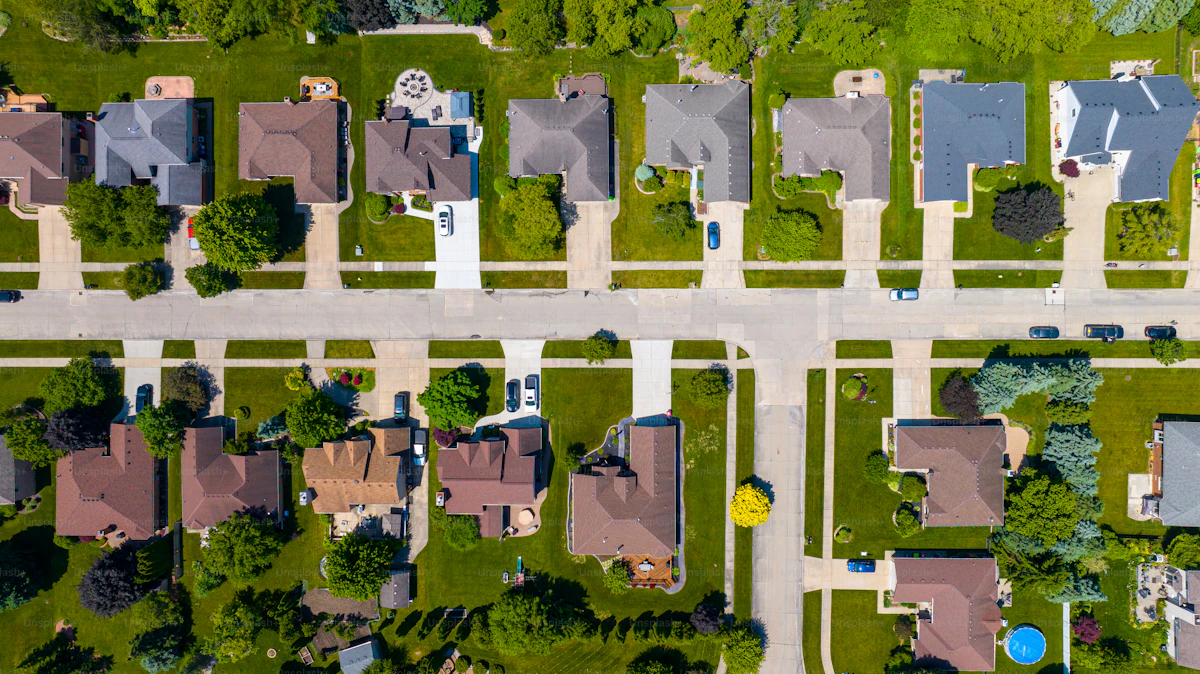 Aerial view of suburban subdivisions across Williamson and Maury County TN